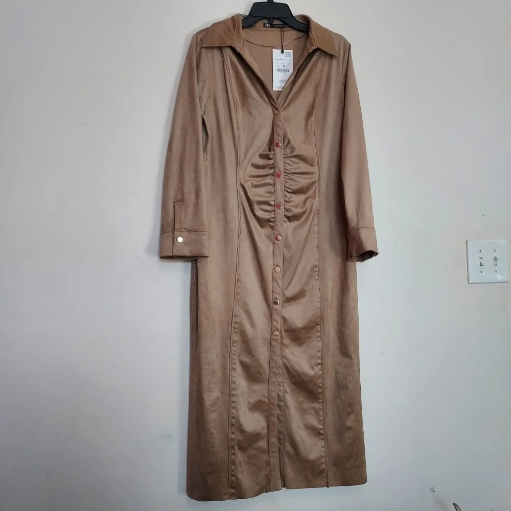 Zara Ruched Faux Suede Midi Dress Sz-XXL - Picture 7 of 9